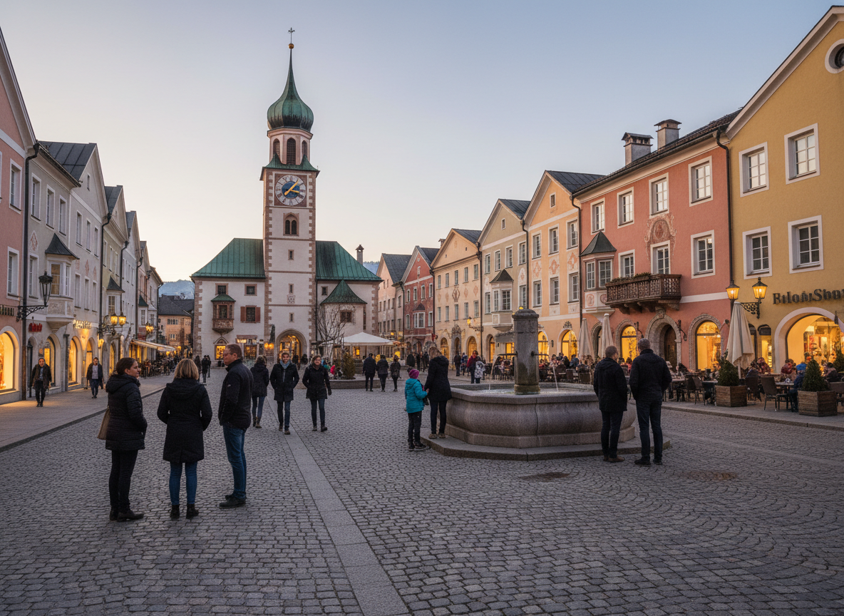 A calm safe European town square in South Tyrol at dusk with warm lighting, people walking, sense of public safety and community, clean editorial photography